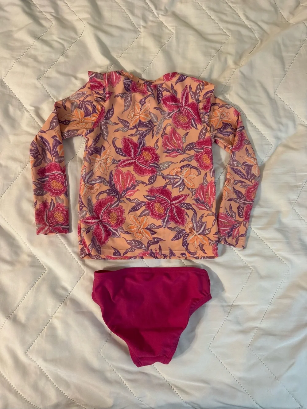 Old Navy Peach Floral Long-Sleeve Rashguard with Bright Pink Swim Bottoms